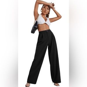 Women's Casual Wide Leg High Waisted Button Down Straight Long Trousers Pants